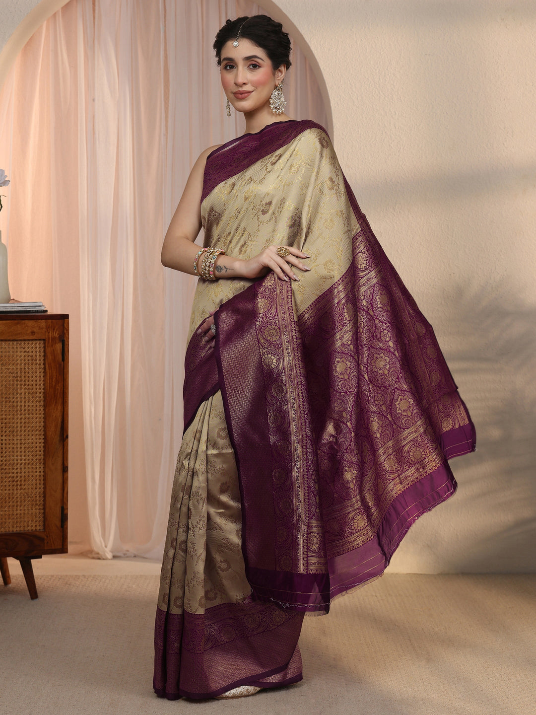 Libas Beige Floral Woven Design Silk Blend Saree 