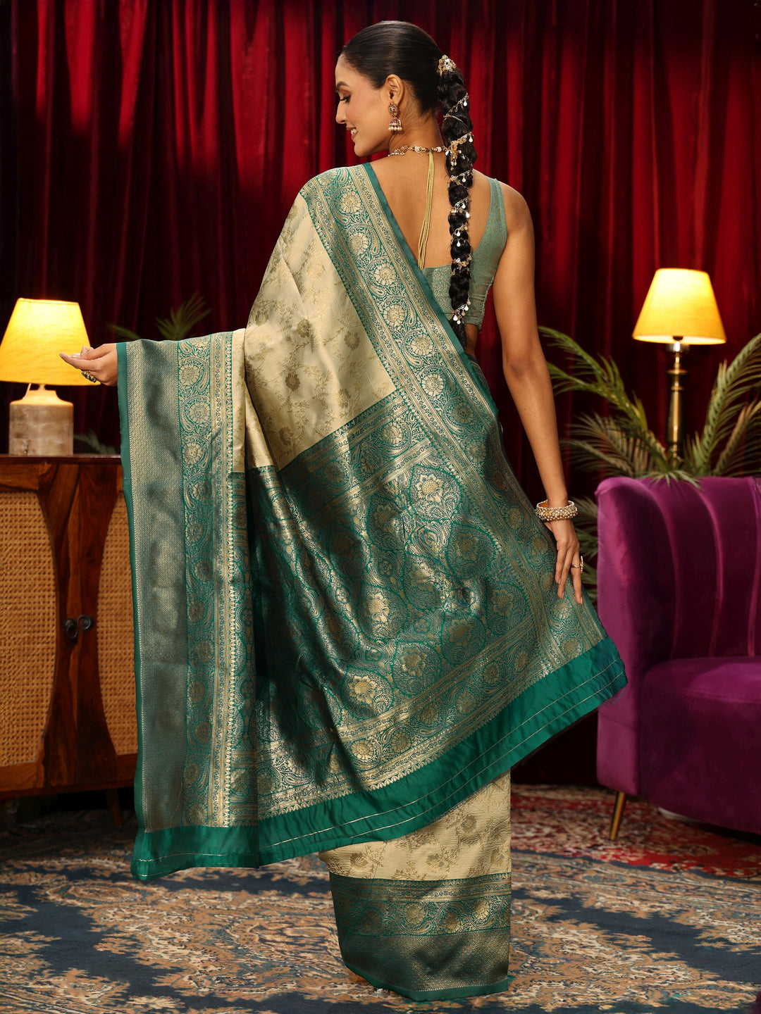  Libas Beige and Green Floral Woven Design Silk Blend Saree 