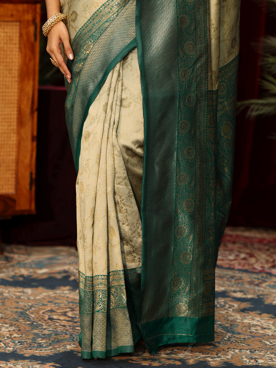  Libas Beige and Green Floral Woven Design Silk Blend Saree 