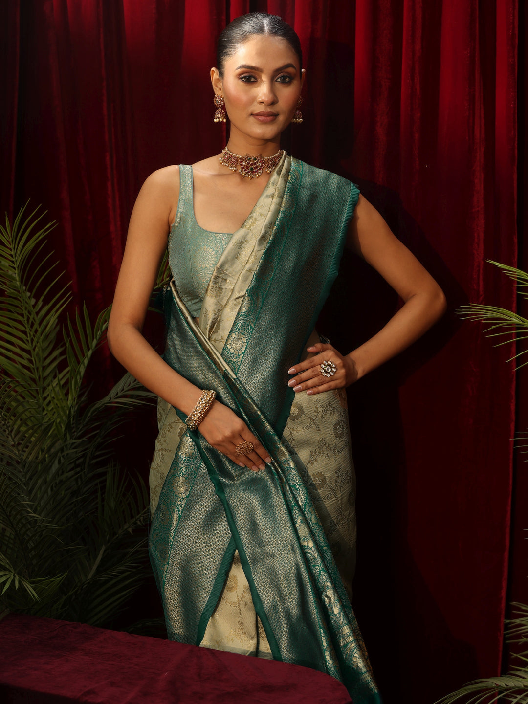  Libas Beige and Green Floral Woven Design Silk Blend Saree 