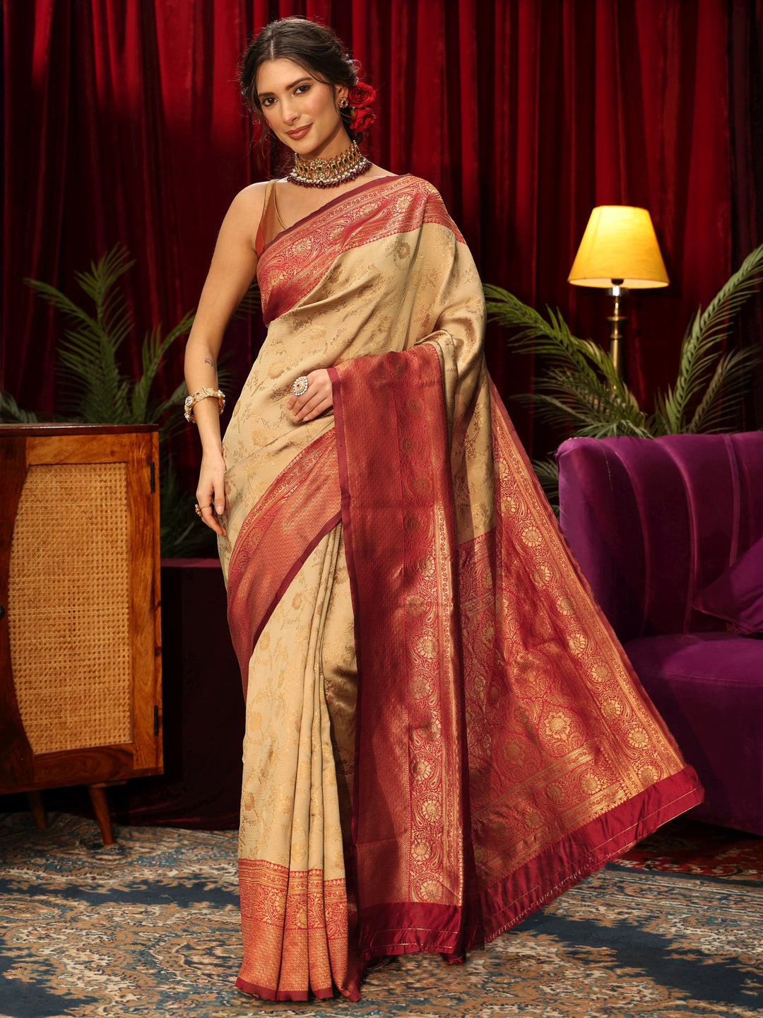  Libas Beige Floral Woven Design Silk Blend Saree 