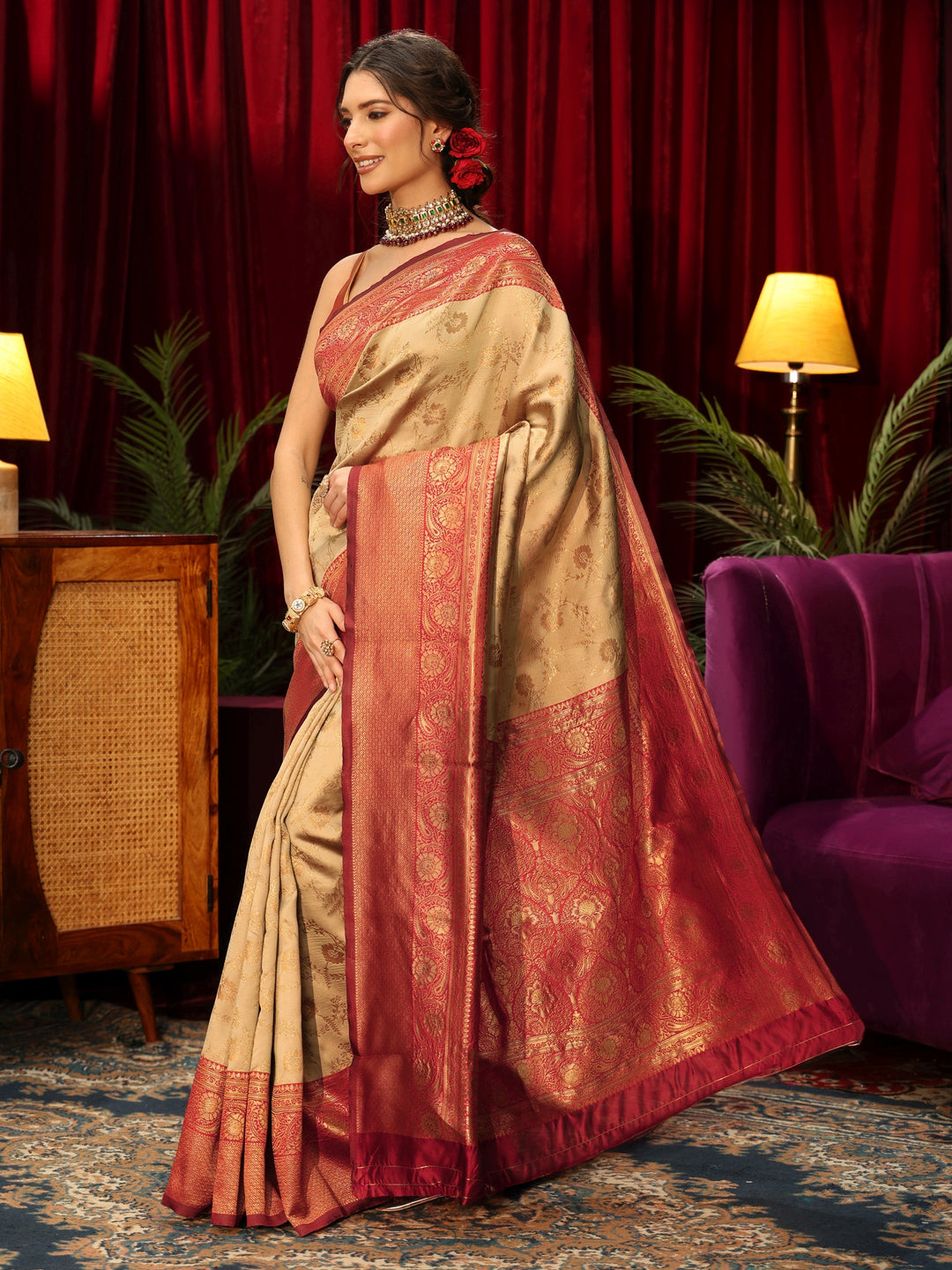  Libas Beige Floral Woven Design Silk Blend Saree 