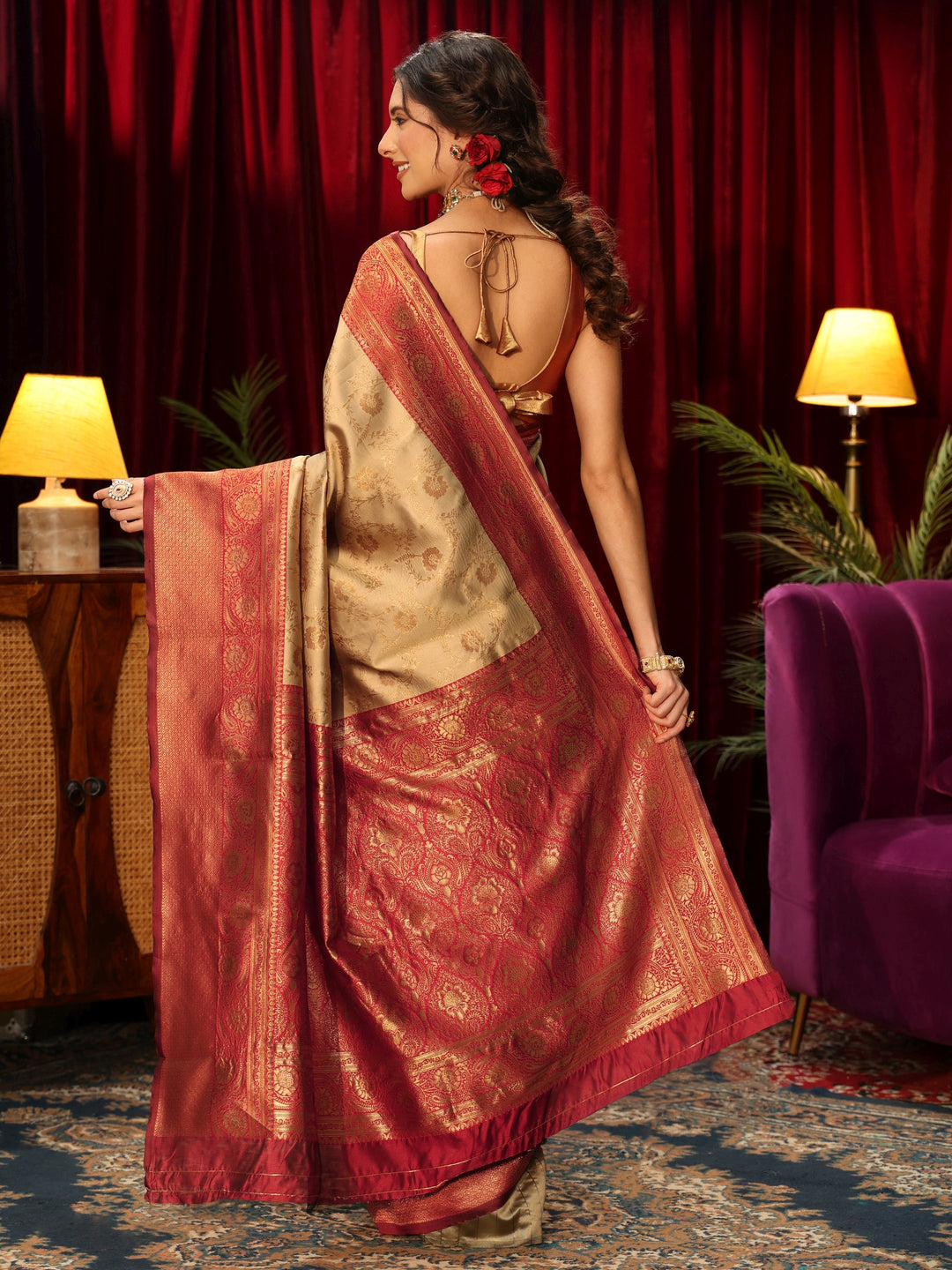 Libas Beige Floral Woven Design Silk Blend Saree 