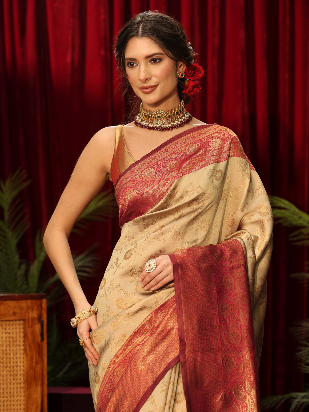  Libas Beige Floral Woven Design Silk Blend Saree 
