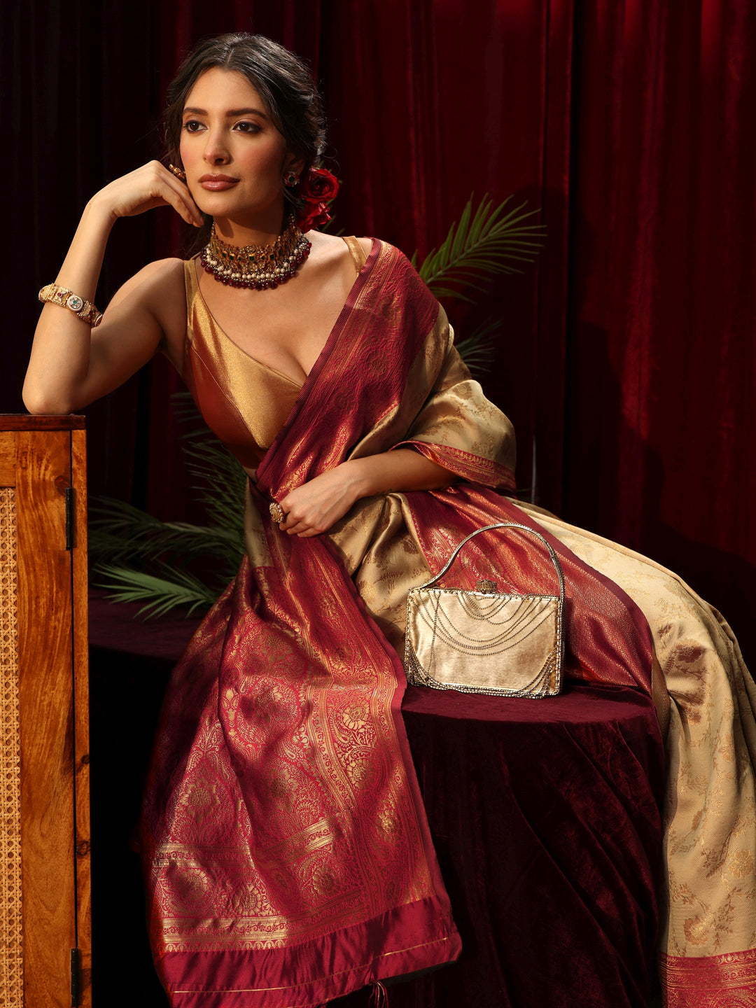  Libas Beige Floral Woven Design Silk Blend Saree 