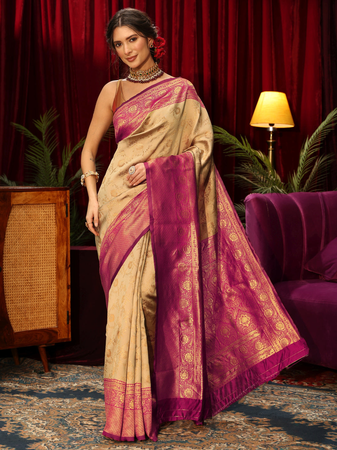  Libas Beige and Pink Floral Woven Design Silk Blend Saree 