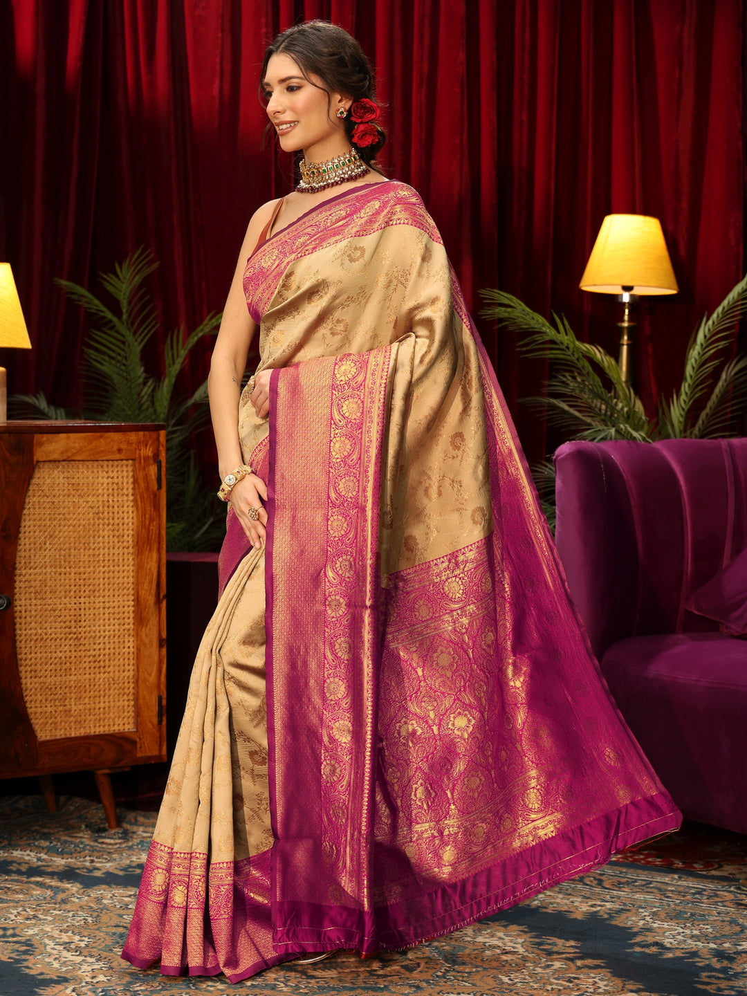  Libas Beige and Pink Floral Woven Design Silk Blend Saree 