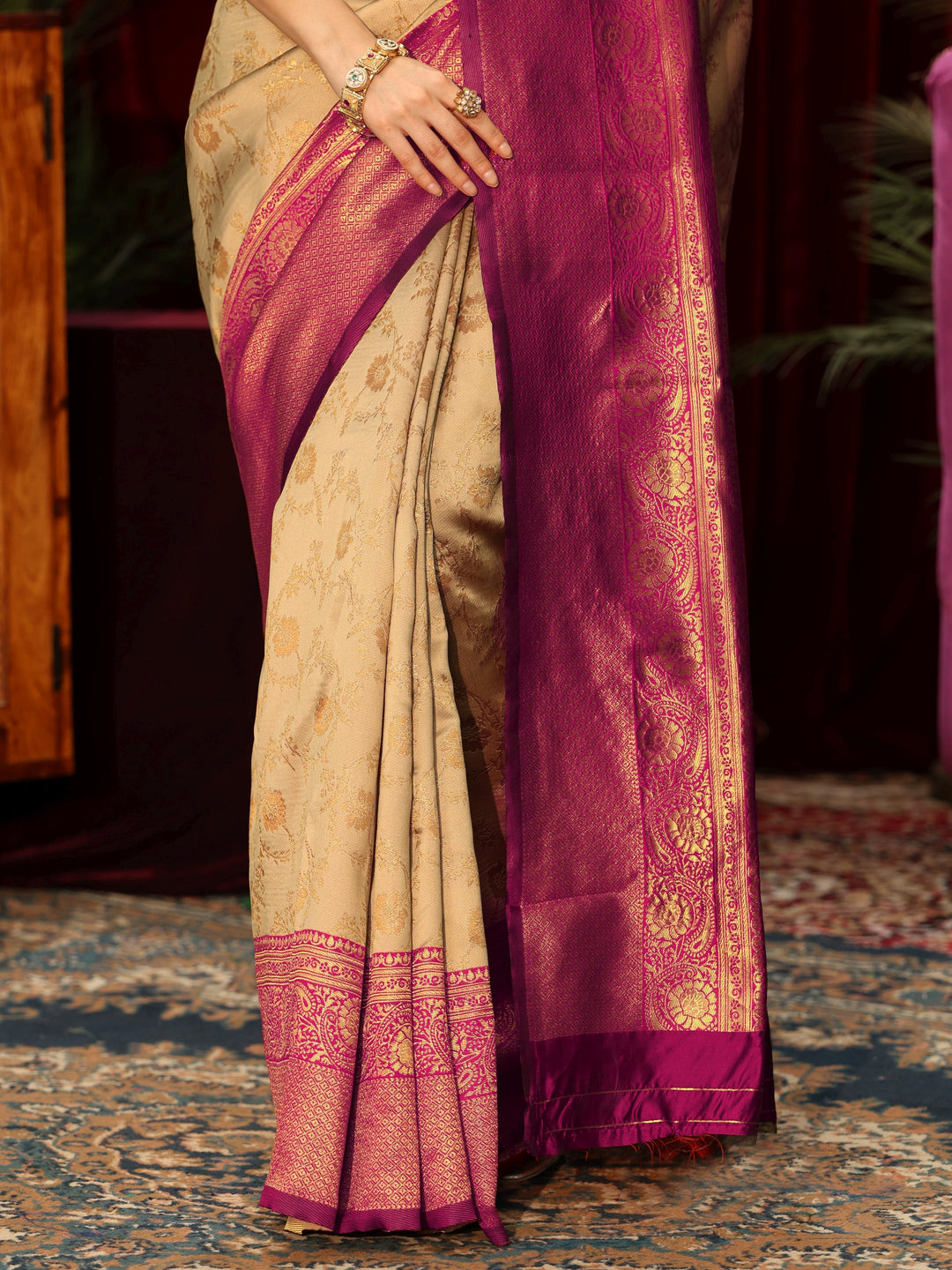  Libas Beige and Pink Floral Woven Design Silk Blend Saree 