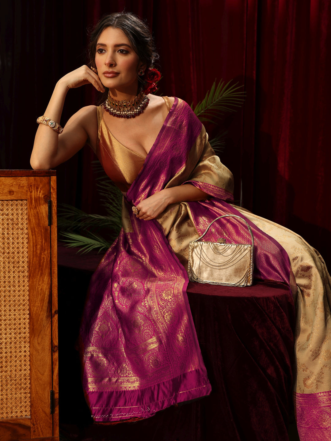  Libas Beige and Pink Floral Woven Design Silk Blend Saree 