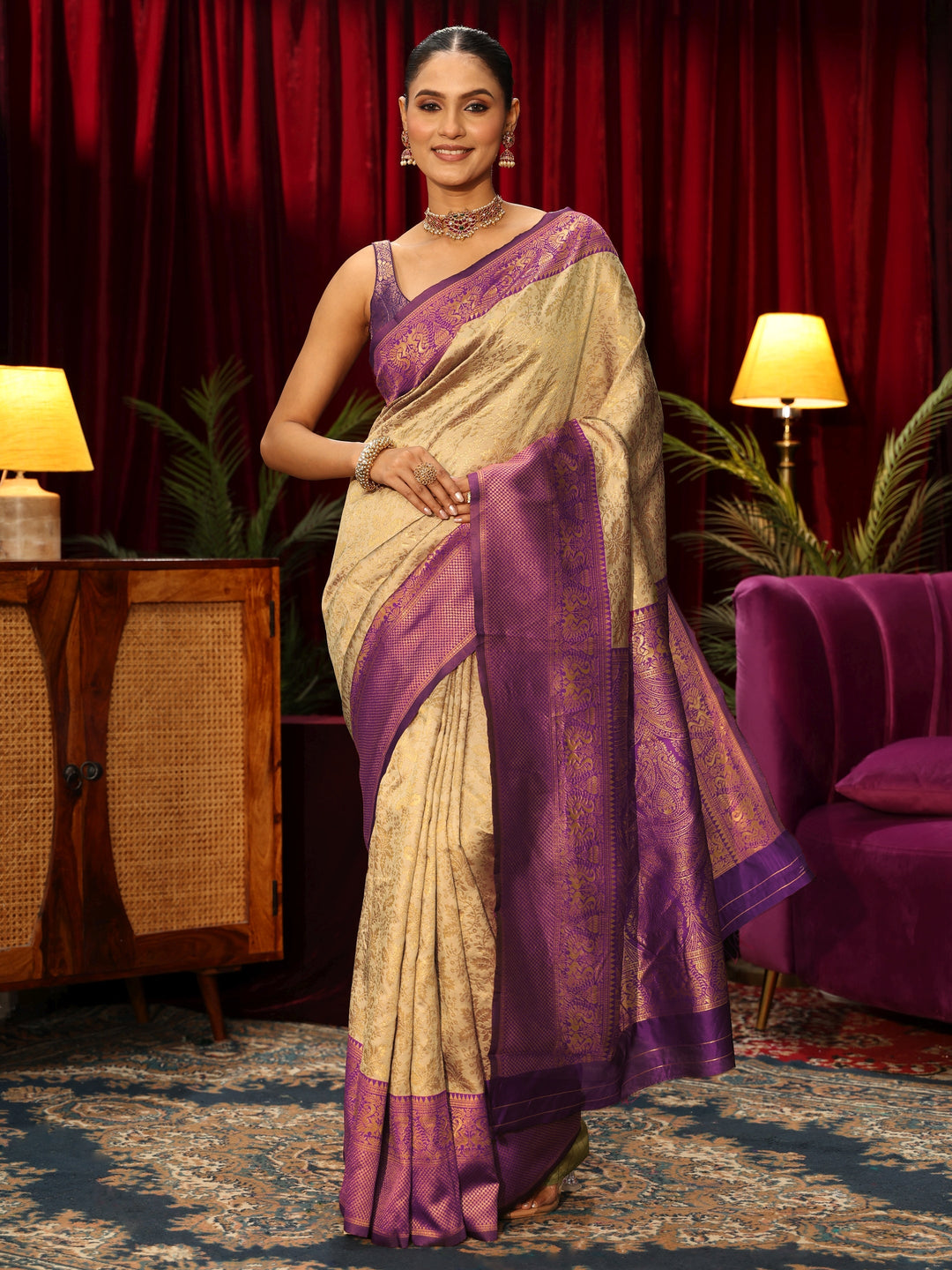  Libas Beige and Purple Floral Woven Design Silk Blend Saree 