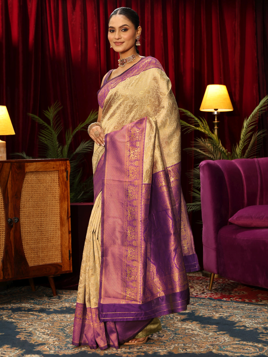  Libas Beige and Purple Floral Woven Design Silk Blend Saree 