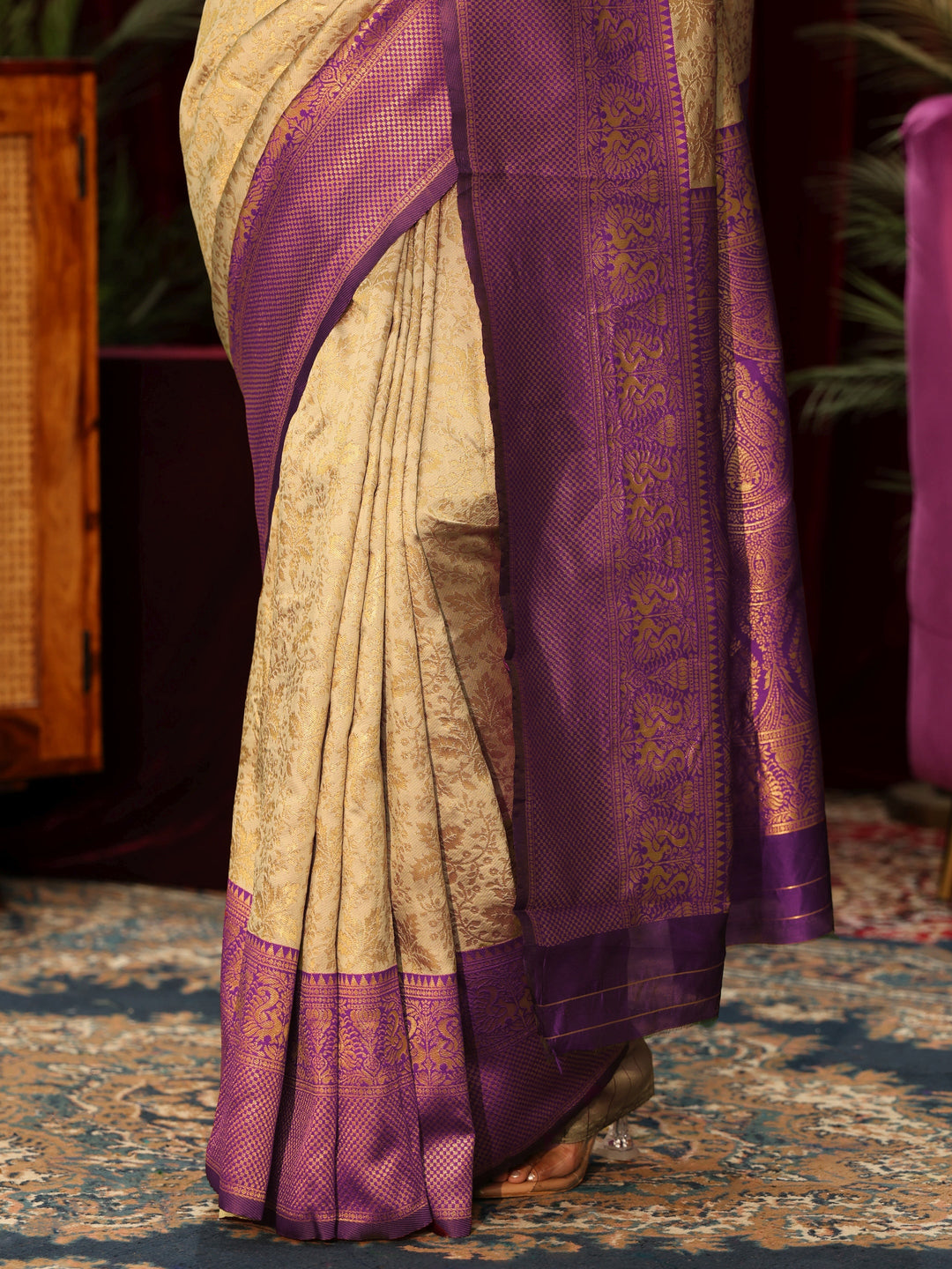  Libas Beige and Purple Floral Woven Design Silk Blend Saree 