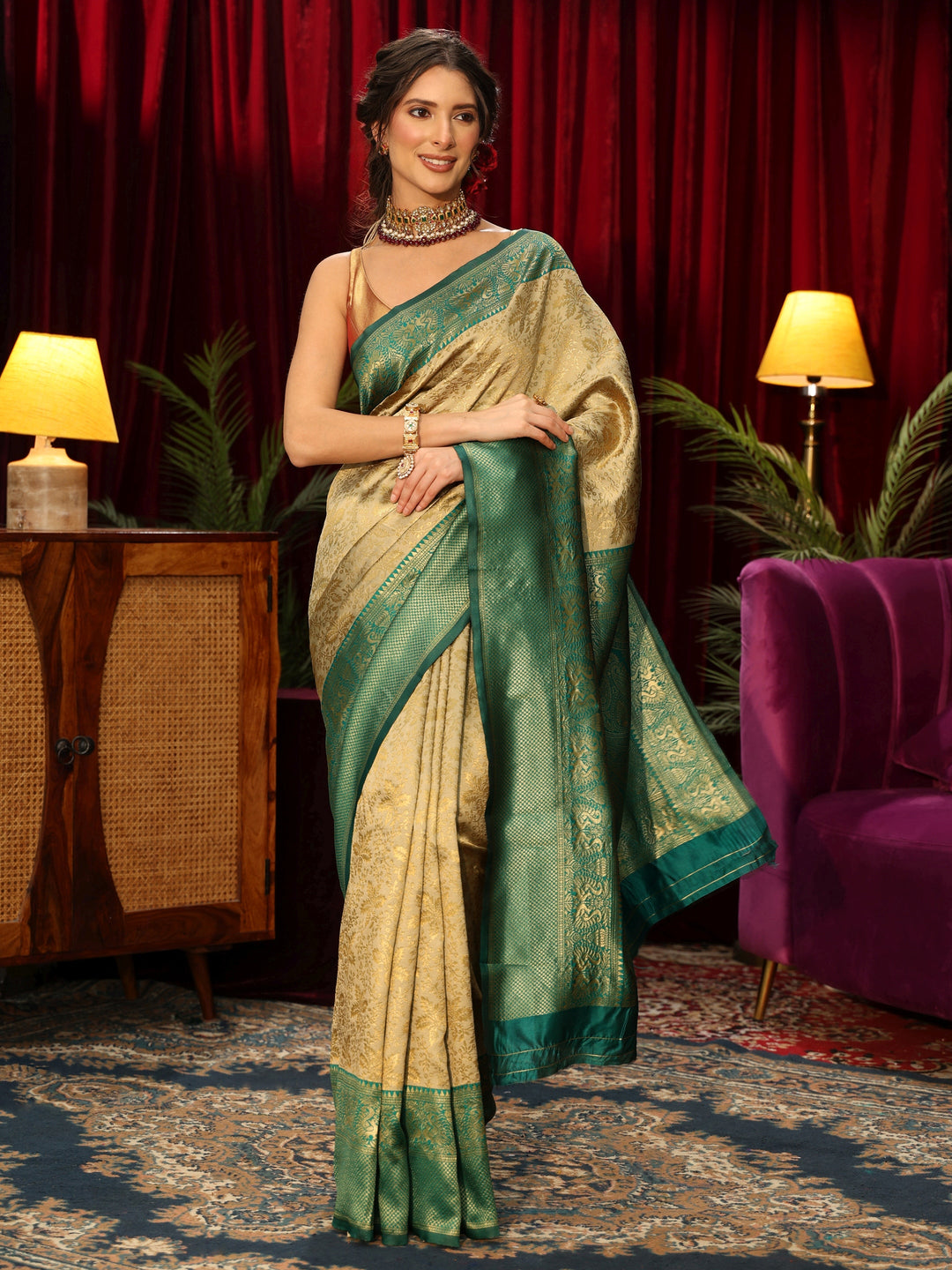  Libas Beige Floral Woven Design Silk Blend Saree 