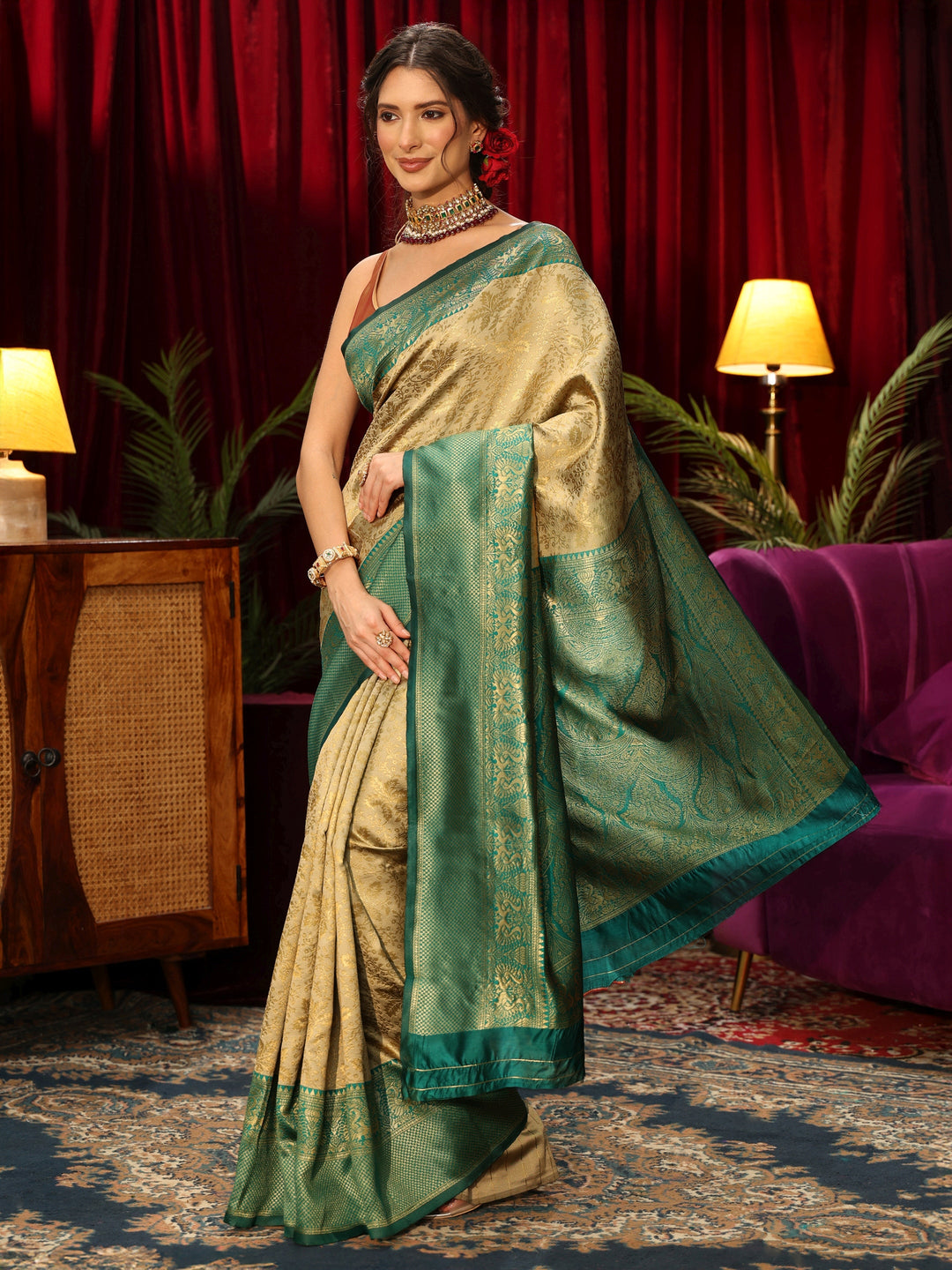  Libas Beige Floral Woven Design Silk Blend Saree 