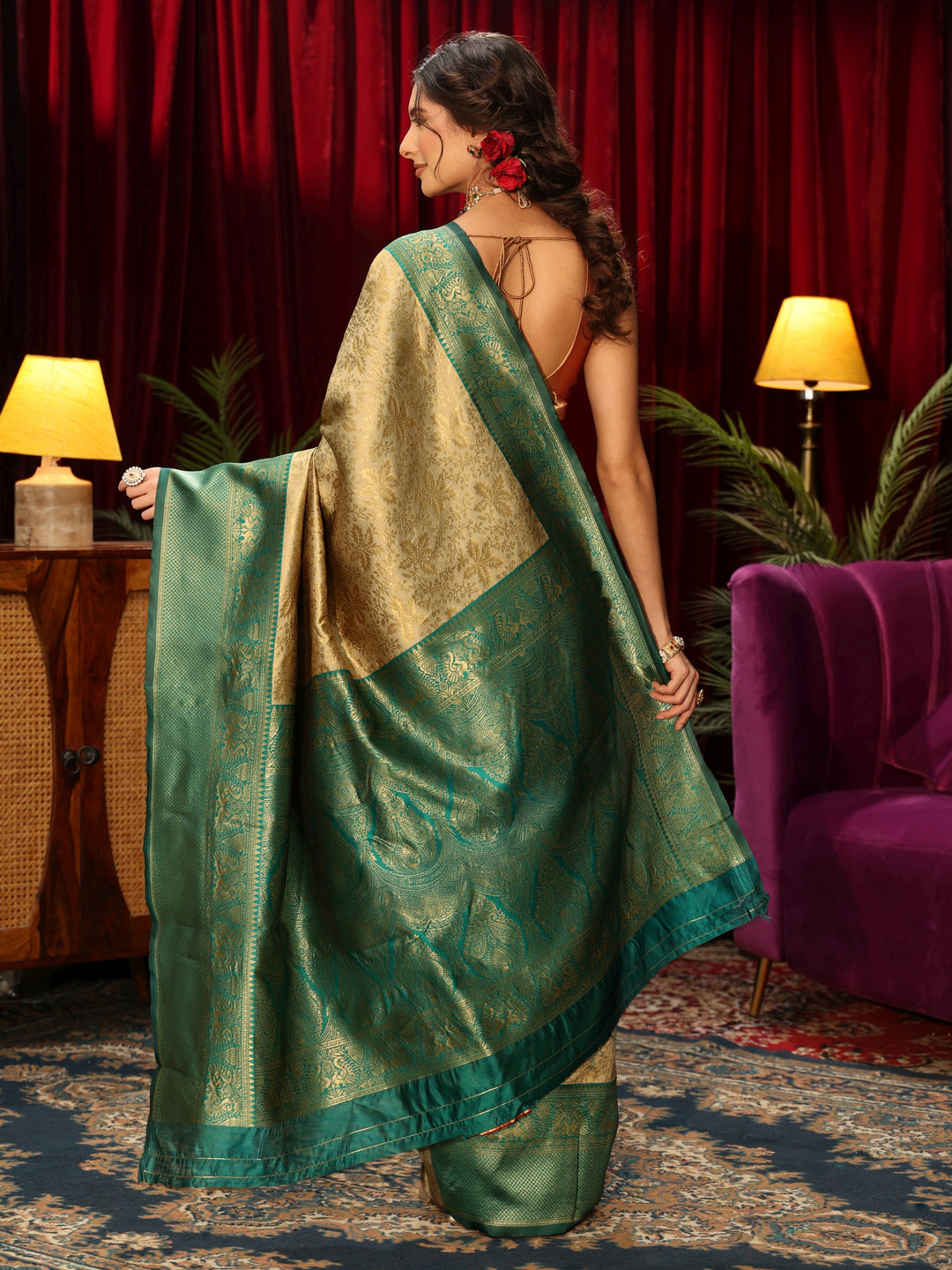  Libas Beige Floral Woven Design Silk Blend Saree 