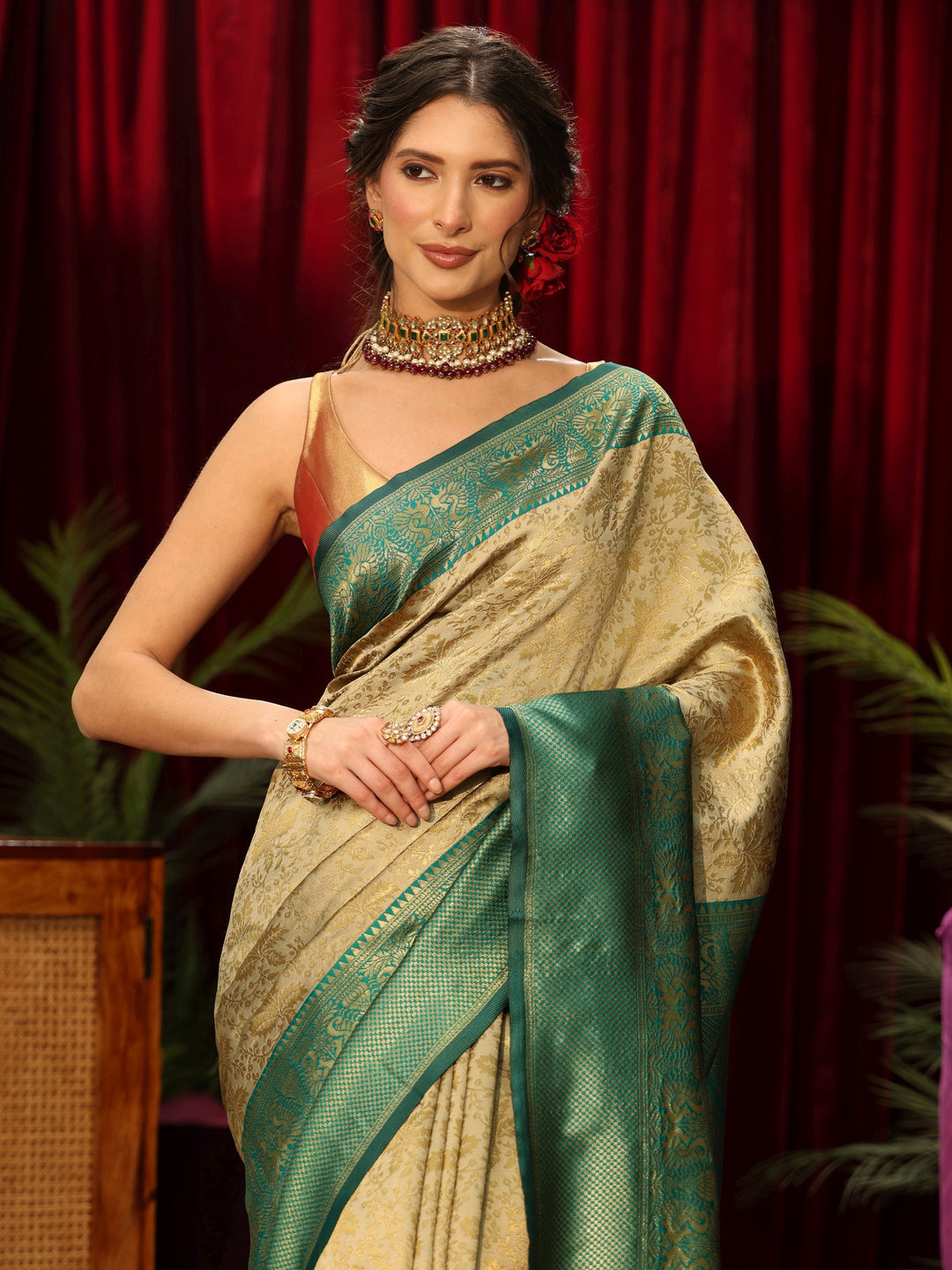  Libas Beige Floral Woven Design Silk Blend Saree 