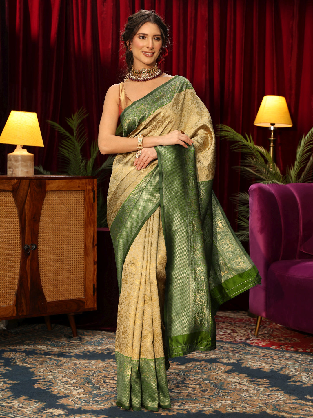  Libas Beige and Green Floral Woven Design Silk Blend Saree 