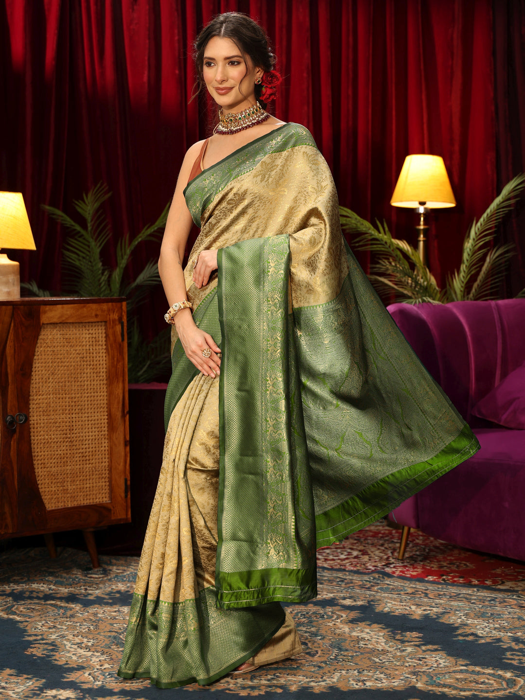  Libas Beige and Green Floral Woven Design Silk Blend Saree 