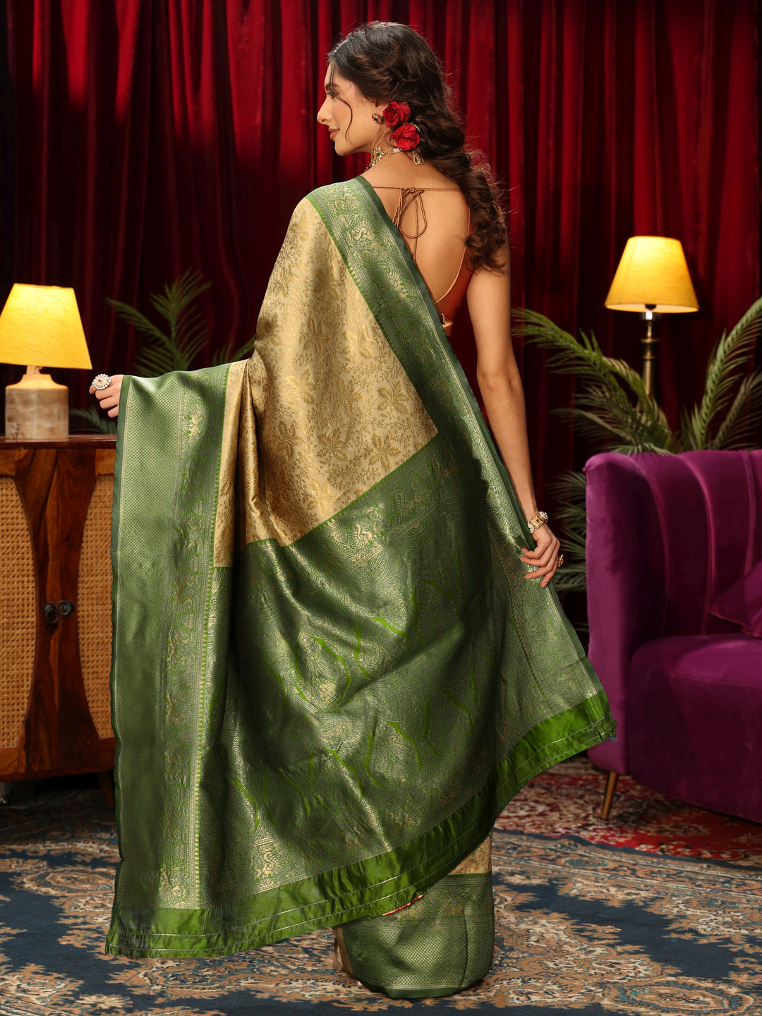  Libas Beige and Green Floral Woven Design Silk Blend Saree 