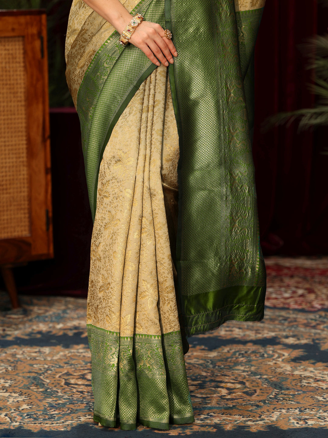  Libas Beige and Green Floral Woven Design Silk Blend Saree 