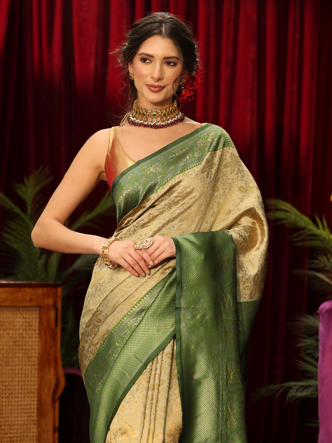  Libas Beige and Green Floral Woven Design Silk Blend Saree 