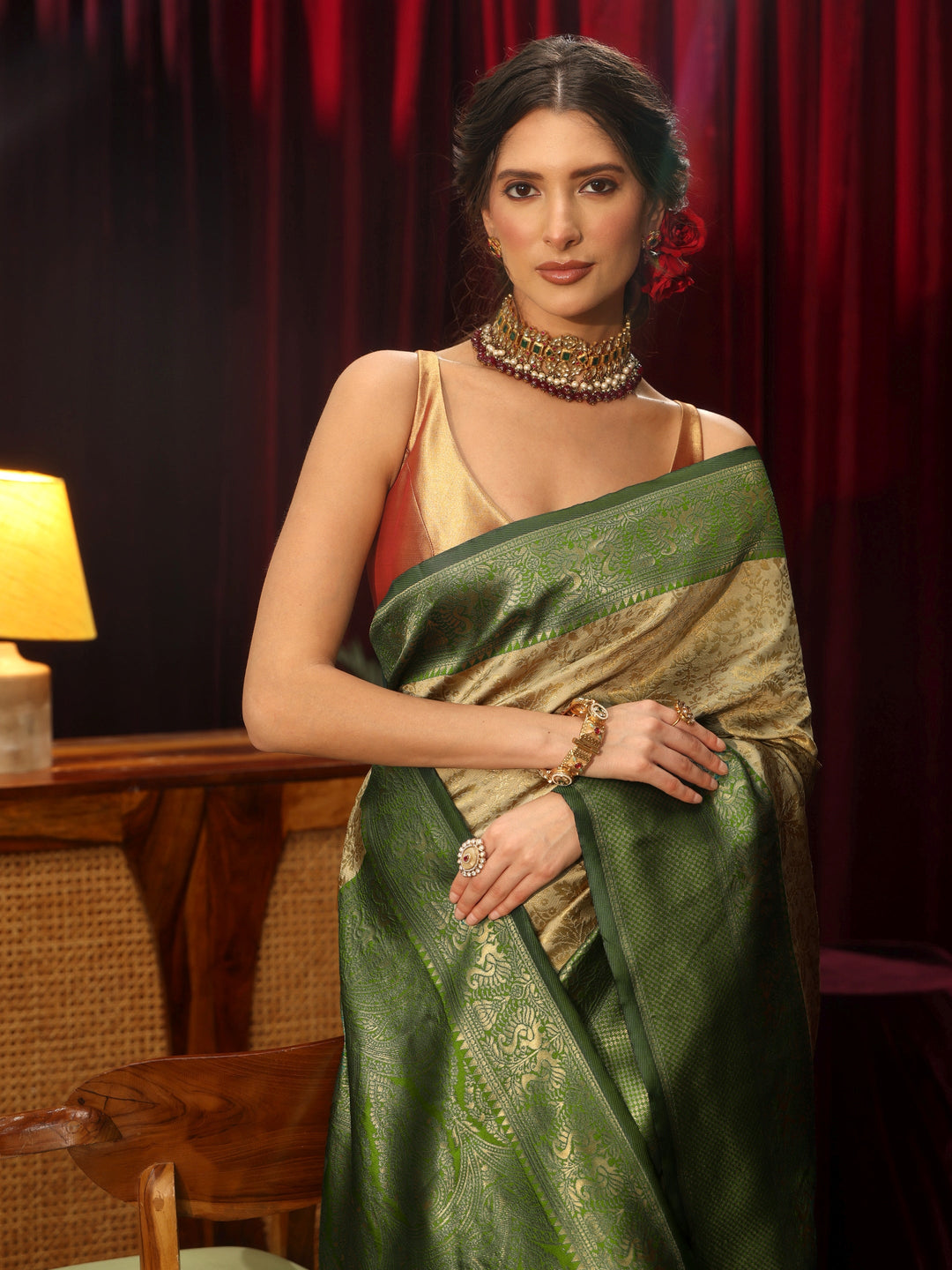 Libas Beige and Green Floral Woven Design Silk Blend Saree 