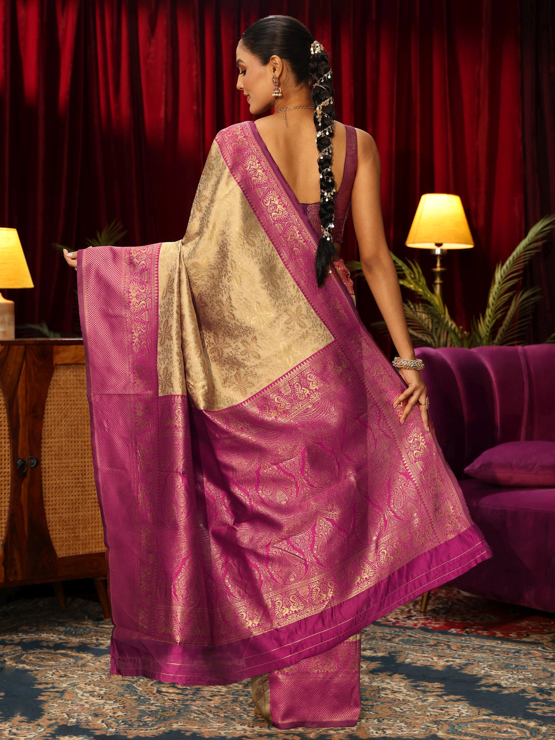  Libas Beige Floral Woven Design Silk Blend Saree 