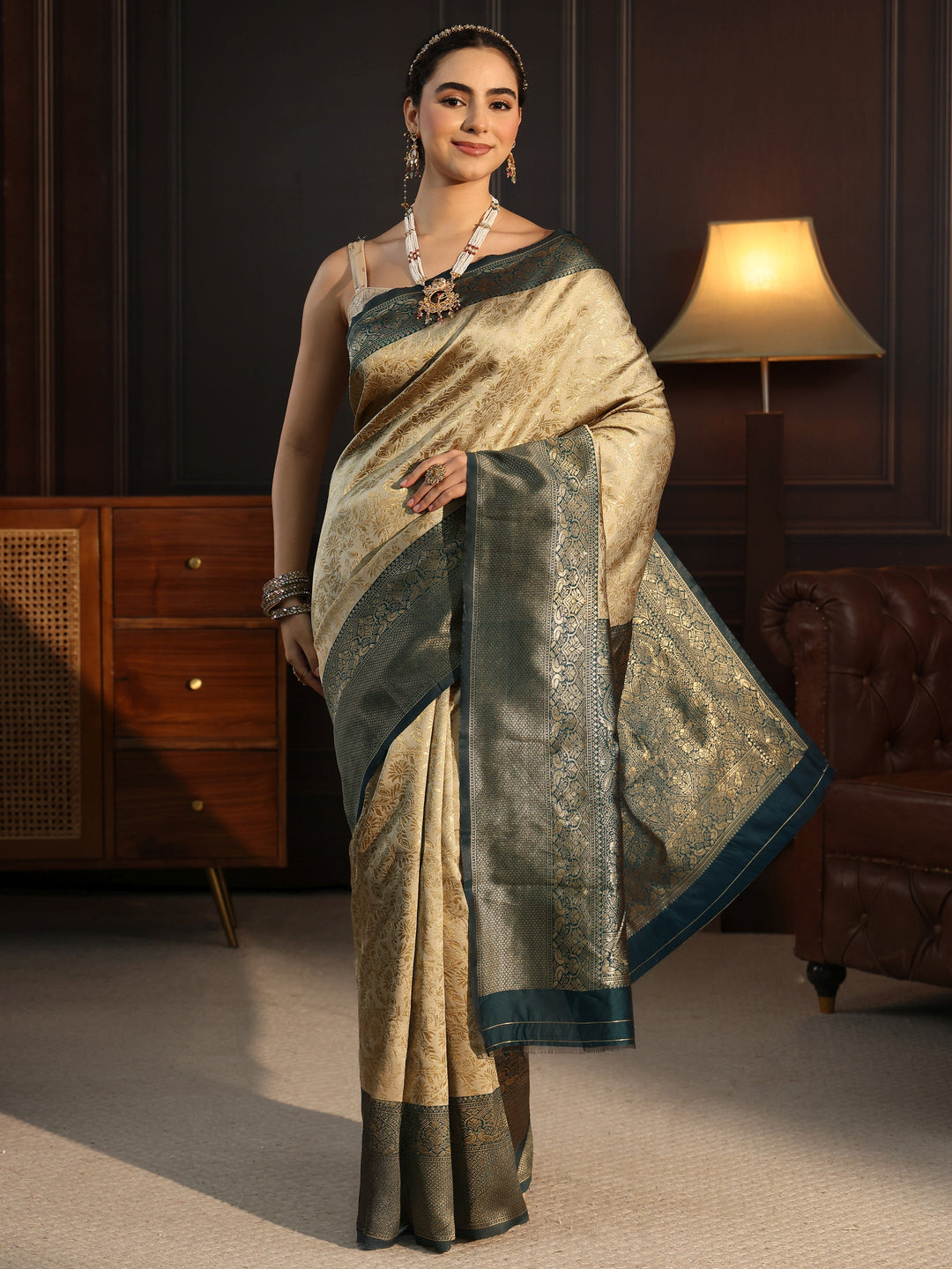  Libas Beige and Teal Banarasi Silk Blend Saree 