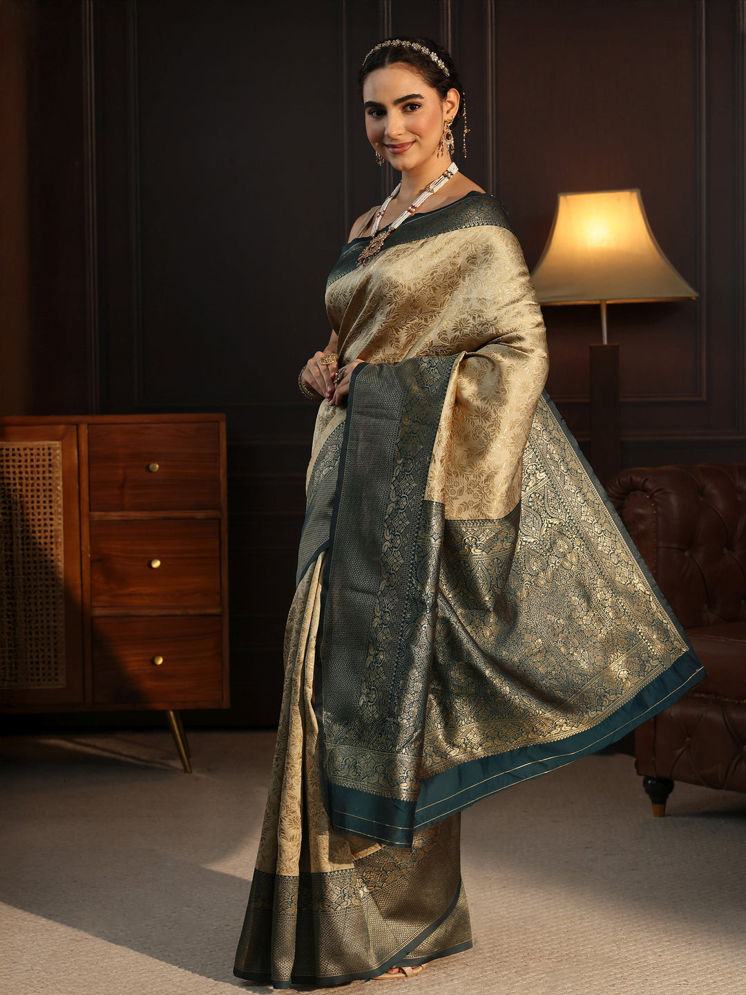  Libas Beige and Teal Banarasi Silk Blend Saree 