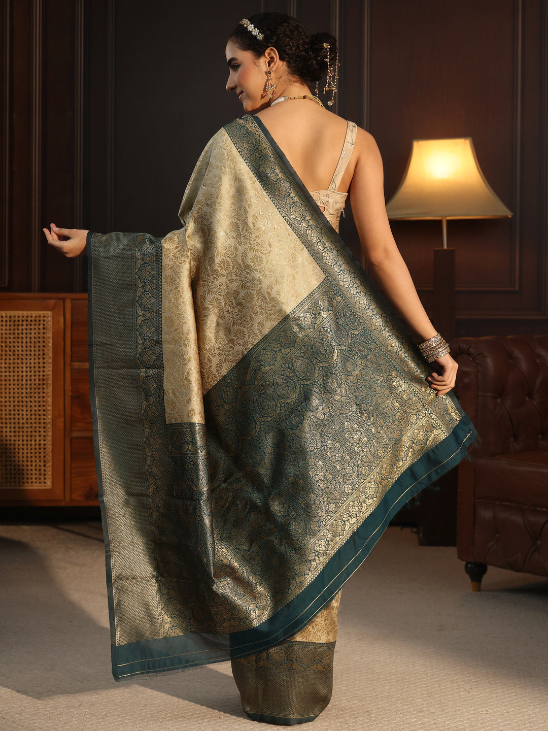 Libas Beige and Teal Banarasi Silk Blend Saree 