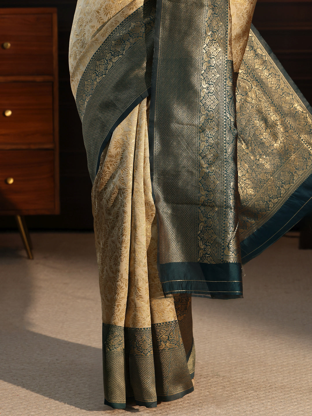  Libas Beige and Teal Banarasi Silk Blend Saree 