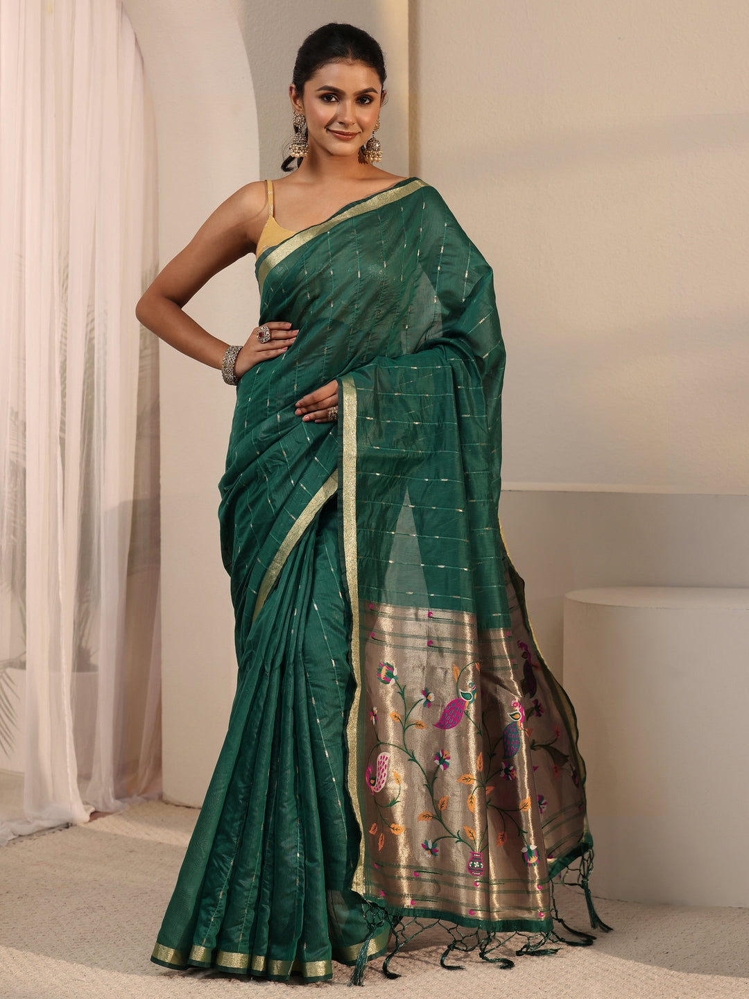  Libas Dark Green Silk Blend Paithani Tassel Saree 