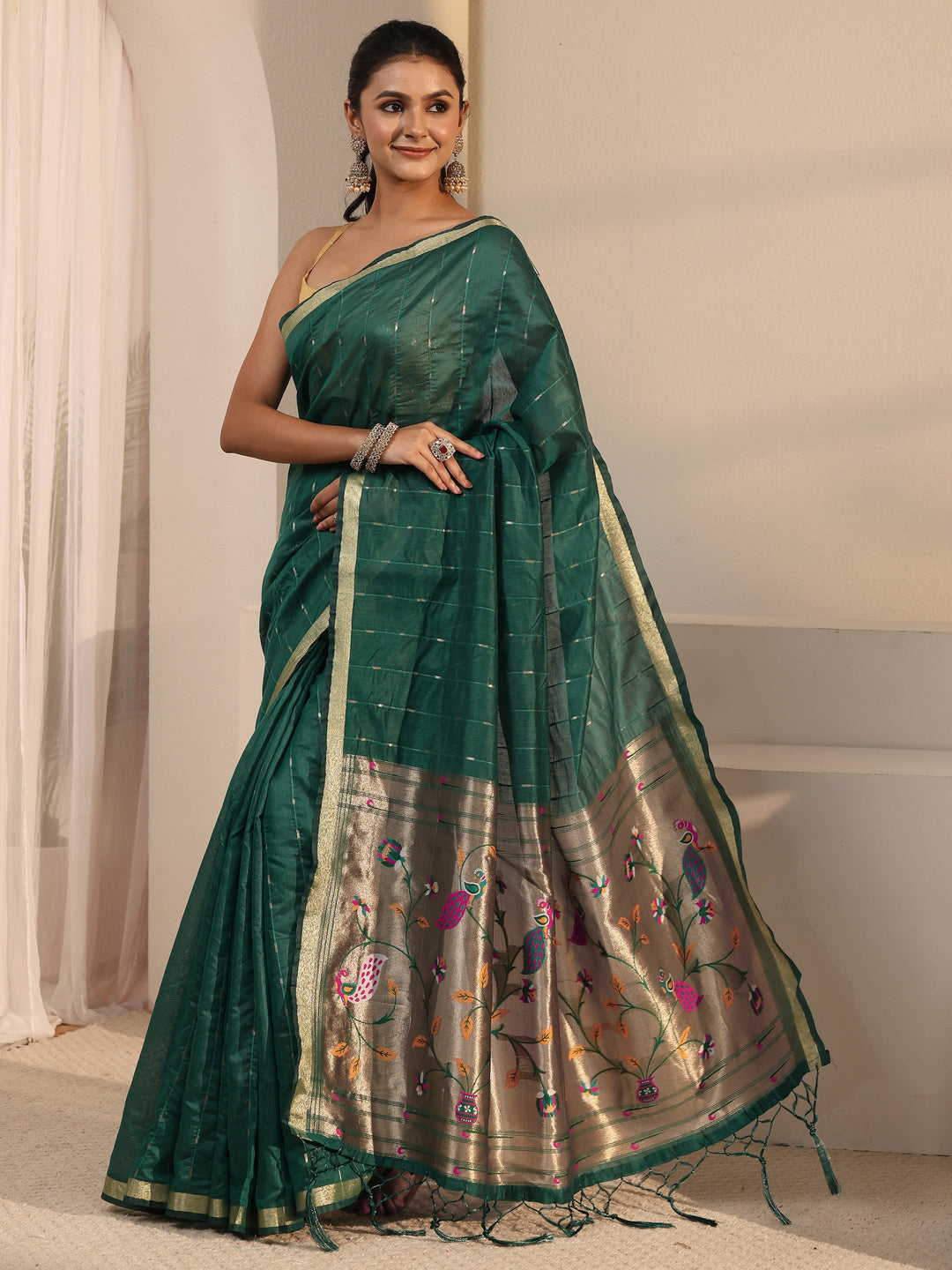  Libas Dark Green Silk Blend Paithani Tassel Saree 