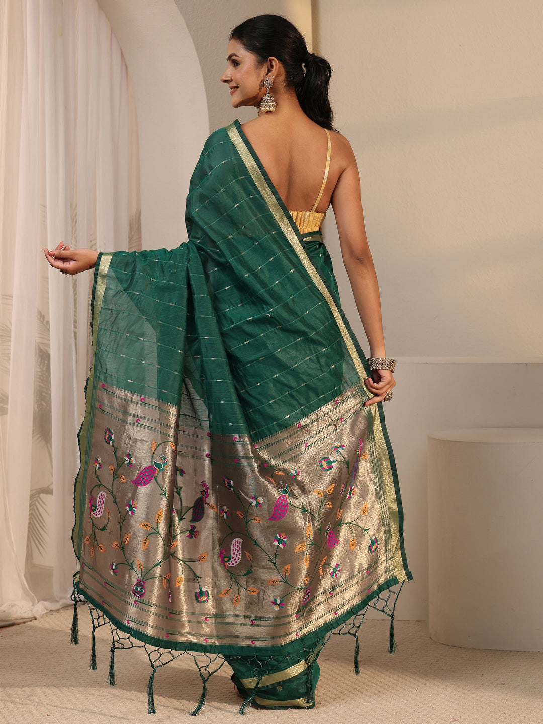  Libas Dark Green Silk Blend Paithani Tassel Saree 