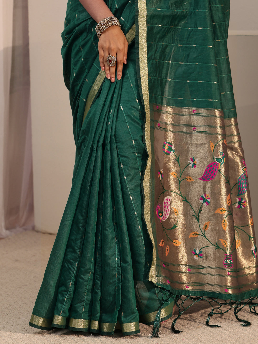  Libas Dark Green Silk Blend Paithani Tassel Saree 