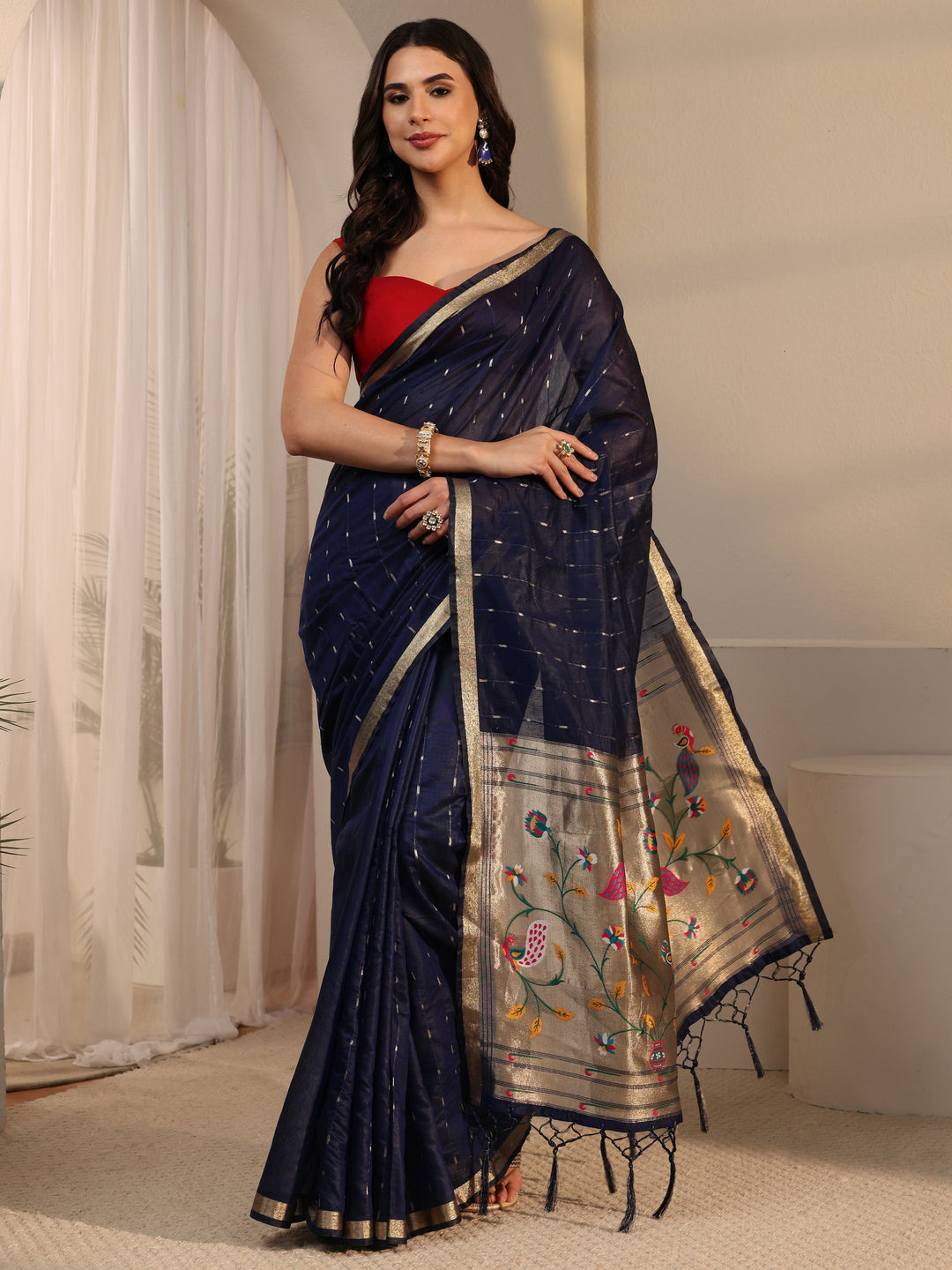  Libas Navy Blue Silk Blend Paithani Tassel Saree 