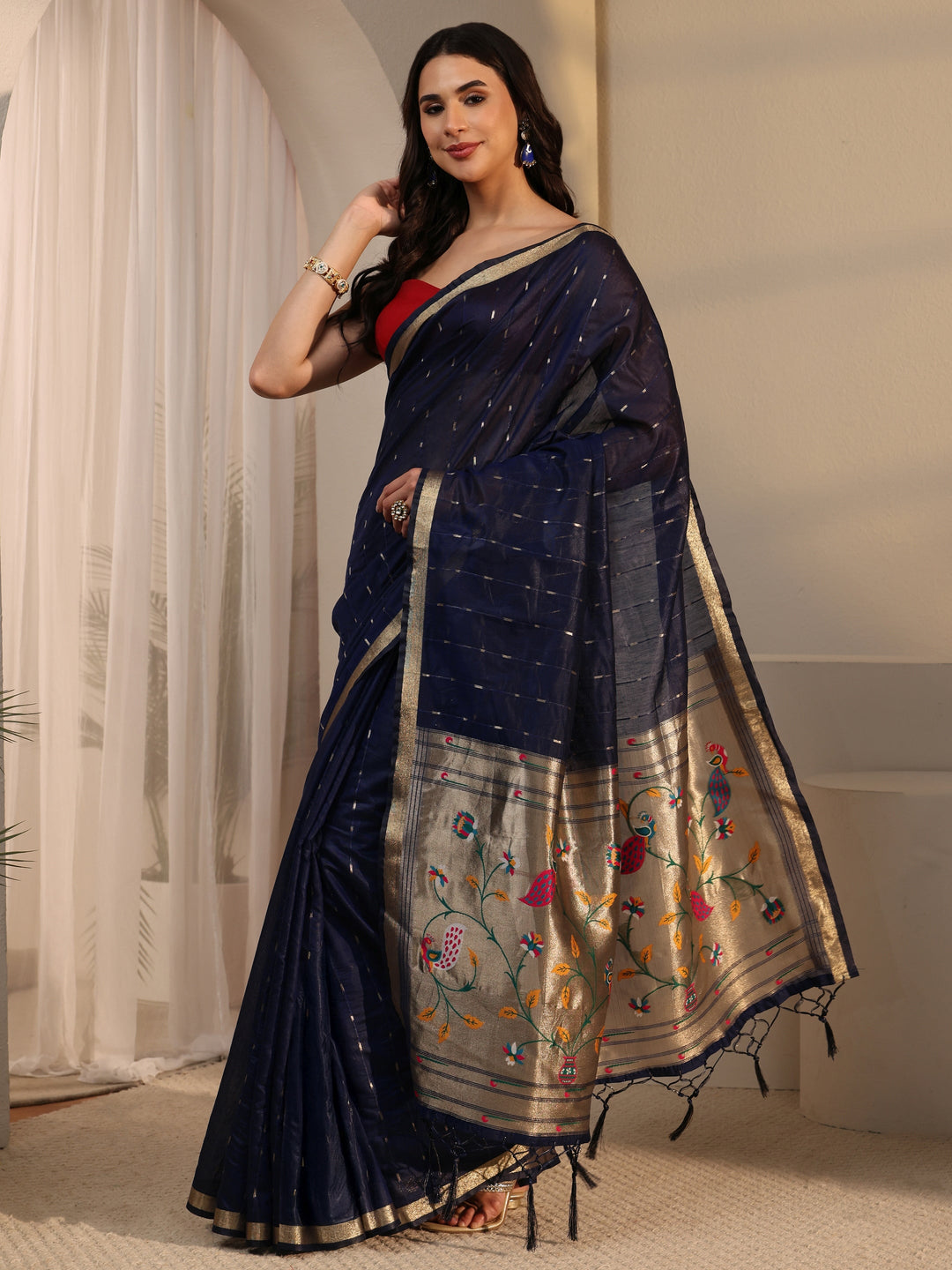  Libas Navy Blue Silk Blend Paithani Tassel Saree 