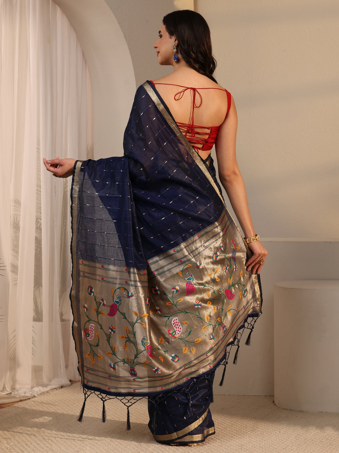  Libas Navy Blue Silk Blend Paithani Tassel Saree 