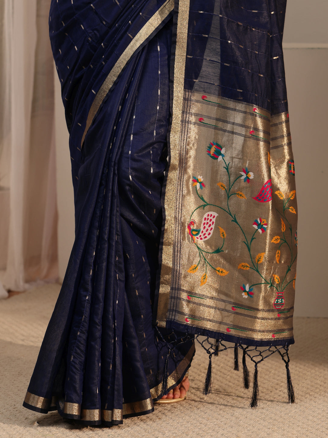  Libas Navy Blue Silk Blend Paithani Tassel Saree 