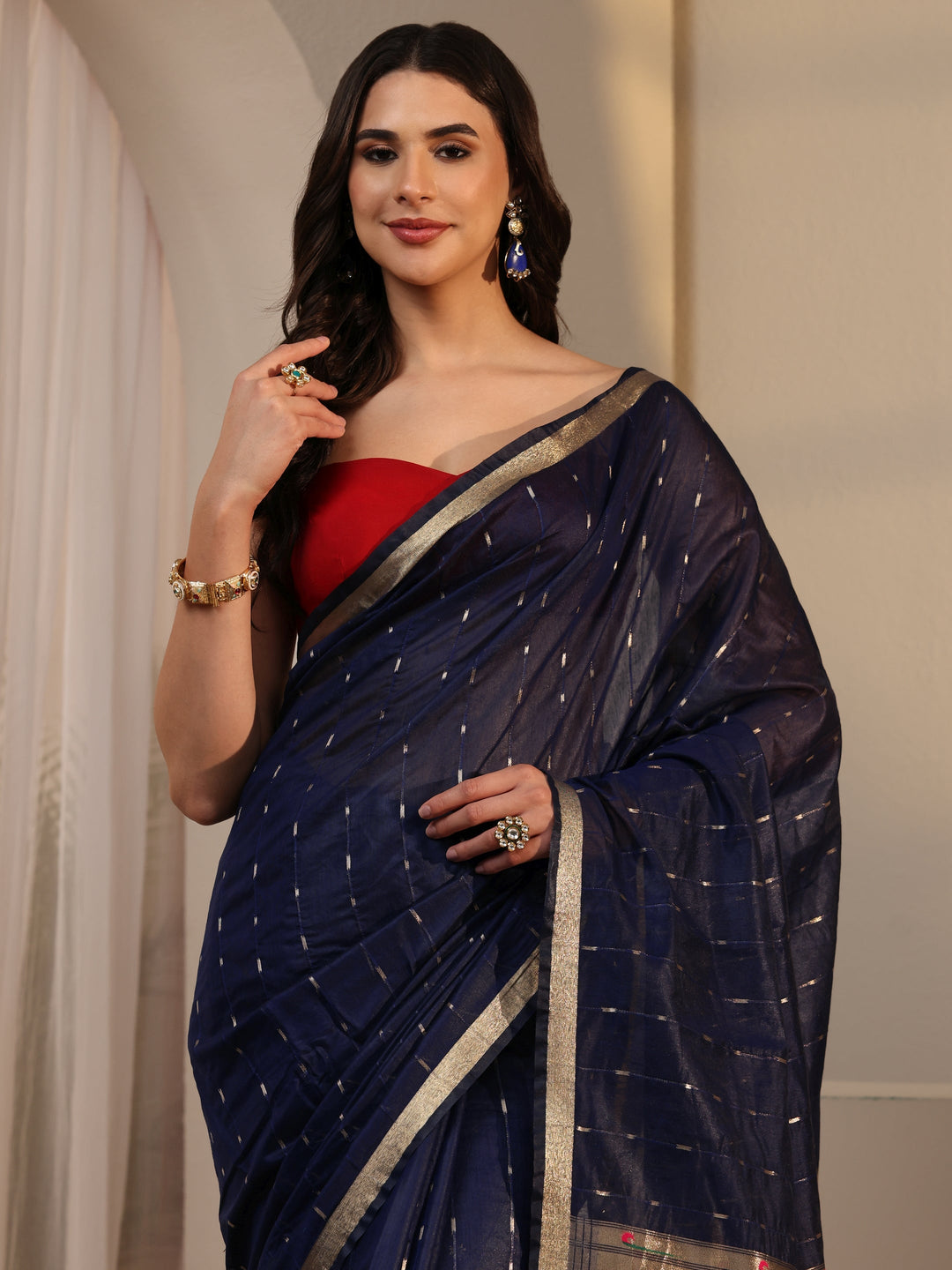  Libas Navy Blue Silk Blend Paithani Tassel Saree 