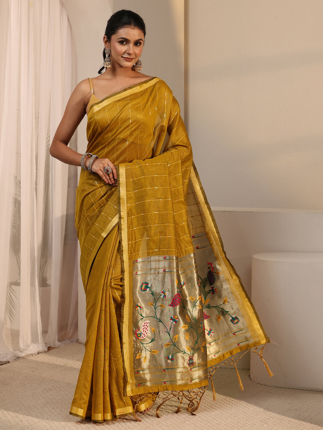  Libas Mustard Silk Blend Paithani Tassel Saree 