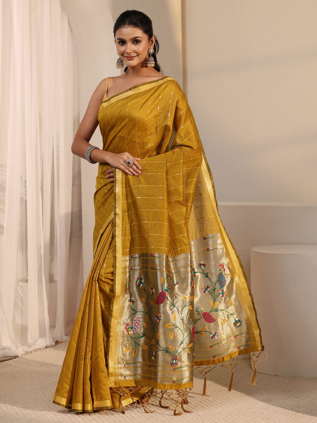  Libas Mustard Silk Blend Paithani Tassel Saree 