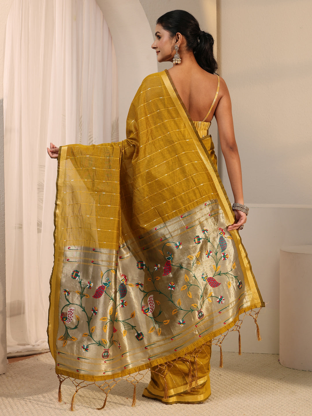  Libas Mustard Silk Blend Paithani Tassel Saree 