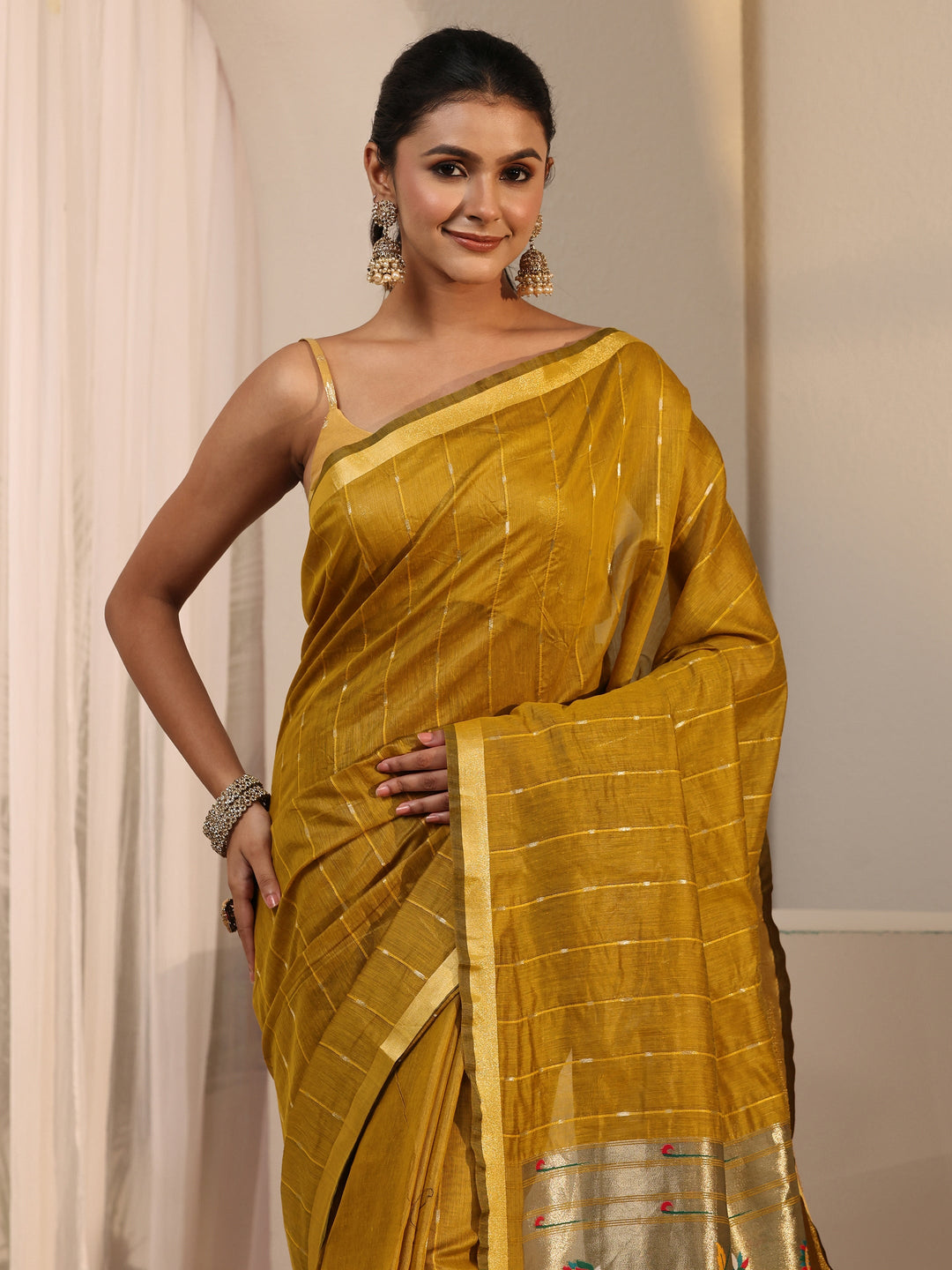  Libas Mustard Silk Blend Paithani Tassel Saree 