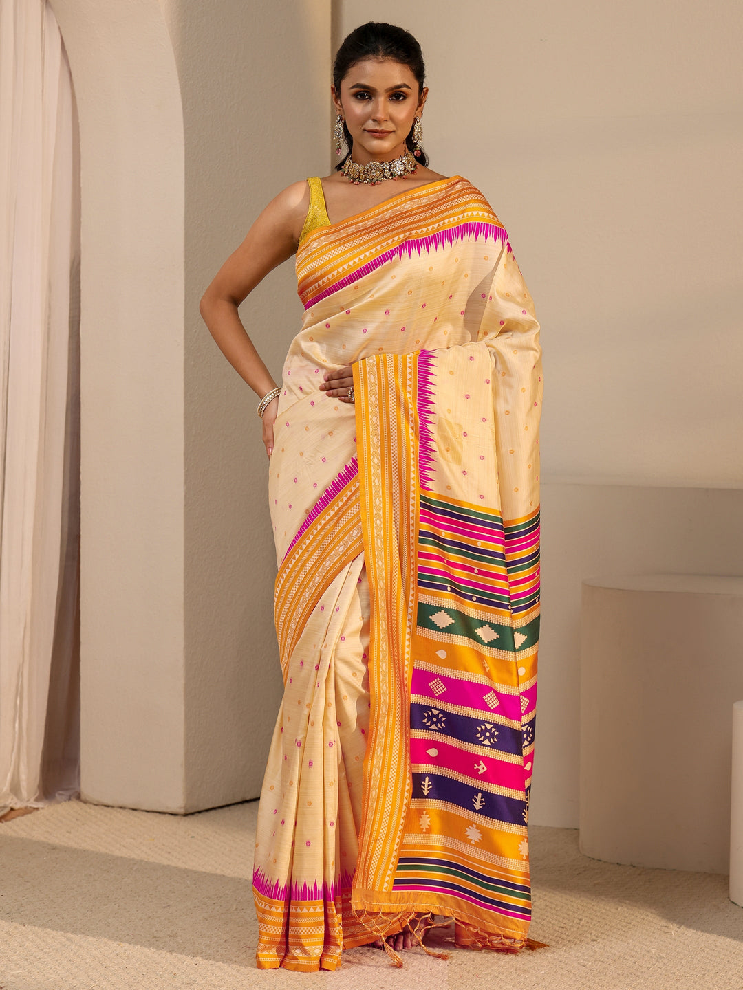  Libas Beige Woven Design Silk Blend Tassel Saree with Colour Block Pallu 