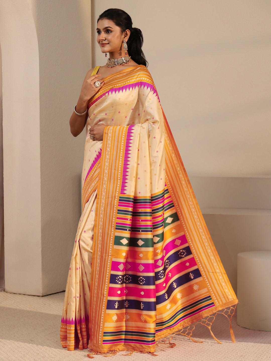  Libas Beige Woven Design Silk Blend Tassel Saree with Colour Block Pallu 