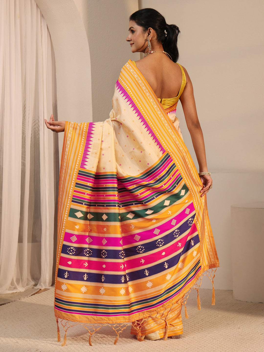  Libas Beige Woven Design Silk Blend Tassel Saree with Colour Block Pallu 