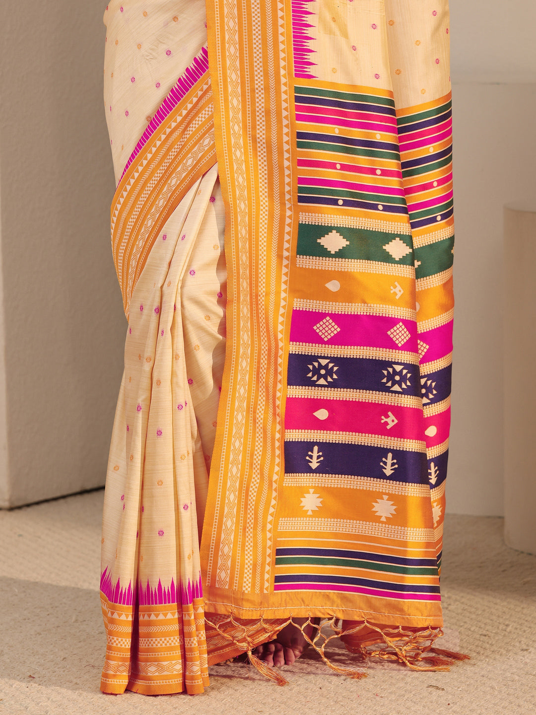  Libas Beige Woven Design Silk Blend Tassel Saree with Colour Block Pallu 