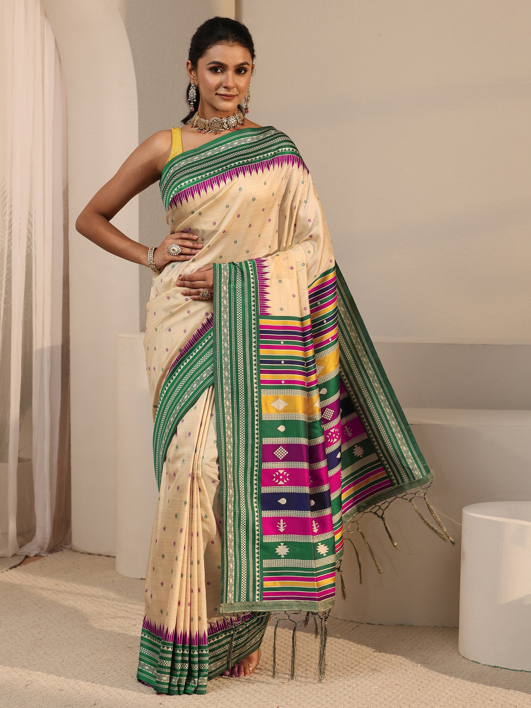  Libas Beige Woven Design Silk Blend Tassel Saree with Colour Block Pallu 