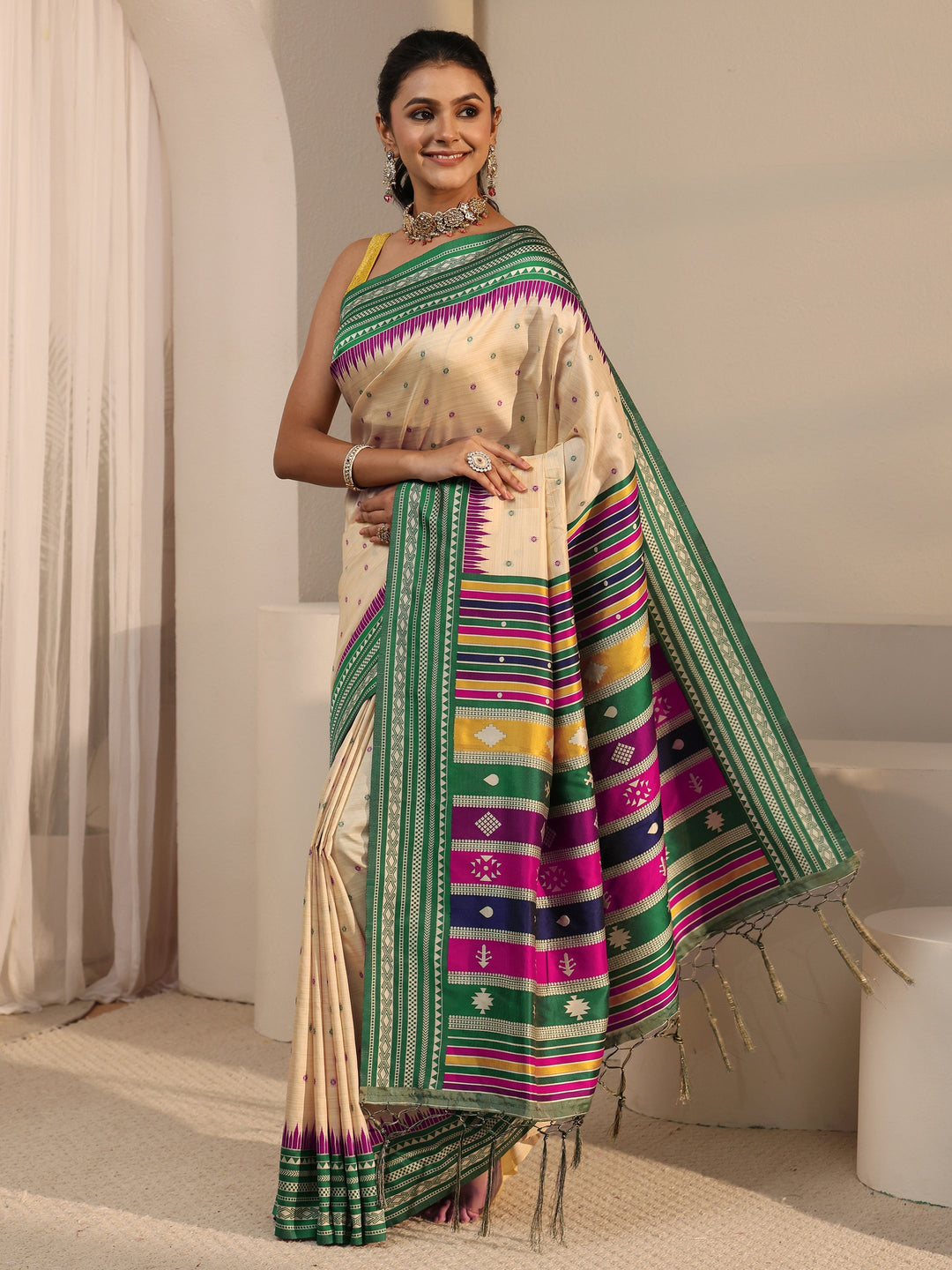  Libas Beige Woven Design Silk Blend Tassel Saree with Colour Block Pallu 